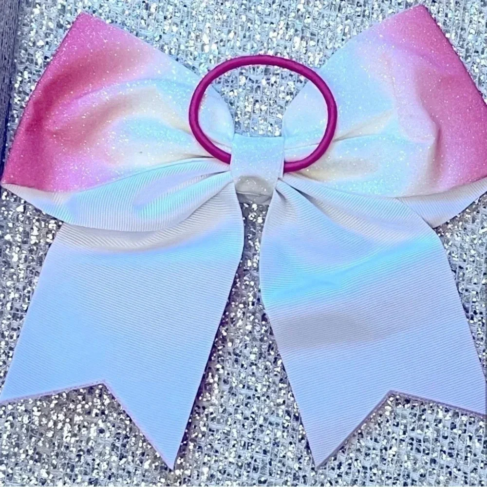 Cheer Bows Breast Cancer Awareness Pink White 2 Hair Bows Glitter‎ Sparkle